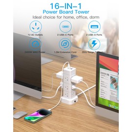 Power Board Surge Protected, Tower Power Strip with 12 AC Outlets 4 USB Ports(2 USB C), Charging Station with 1.5M Extension Cord, 350J, SAA Certified