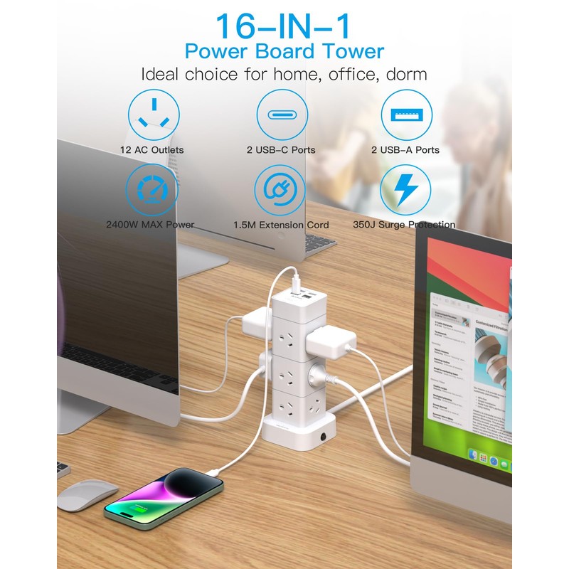 Power Board Surge Protected, Tower Power Strip with 12 AC