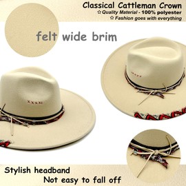 Wotfim Big Wide Brim Fedora Hat for Women Man Felt Panama Hat with Band Western Outdoor hat-Beige