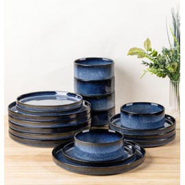 TheTerra Ceramic Dinnerware Sets for 6, 18 Pieces Porcelain Lightweight Speckled Plates and Bowls Sets, Scratch Resistant Dish Set, Oven & Microwave & Dishwasher Safe, Starry Blue