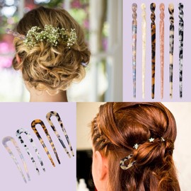 6+4 Acetate Hair Sticks Set, Coldairsoap 2 Styles Tortoise Shell Hair Pins U-Shaped Straight Chopsticks 10 Colors Vintage French Hair Forks for Women (10P)