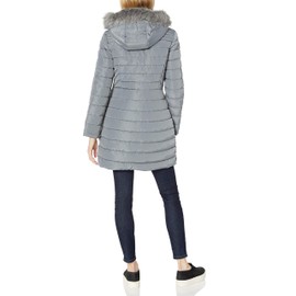 Kenneth Cole New York Women's Quilted Puffer Jacket with Faux Fur Trimmed Hood, Nickel, Small