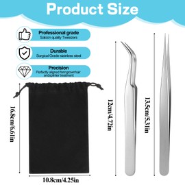 2pcs Nail Sticker Tweezers Nail Tweezers for Nail Art Eyelash Extension Tweezer Fiber Tip Stainless Steel False Lash Application Tools with Bag, Curved and Straight Tip, Precision Micro Tweezer
