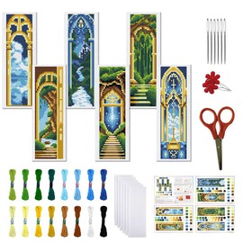 FREEBLOSS 6 Set Cross Stitch Bookmark Kits for Beginner Castle Night View Stamped Cross Stitch Kit DIY Embroidery Bookmark Kit with Instructions 8" x 2.4"