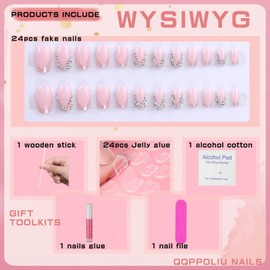 QQPPOLIU Short Press on Nails Square Nails with Rhinestone Design French Tips Cute Nails Press on Fake Nails for Girls(Pink & Silver)