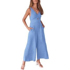 ANRABESS - Overol de lino de pierna ancha para mujer, vestido con cuello en V, sin mangas, pantalones casuales 2024 para día festivo, playa, Azul-cielo, S