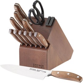Chicago Cutlery Signature Edge Steel 13-Piece Kitchen Knife Block Set With Wooden Block & Built-In Sharpener, Ergonomic Handles and Stainless Steel Professional Chef Knife Set & Scissors in Walnut