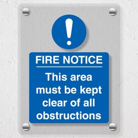 V Safety Fire Notice This Area Must Be Clear - 100 x 150 mm - Acrylic Perspex Cast Clear Safety Sign