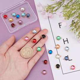 UNICRAFTALE 24pcs 12 Colors Flat Round Crystal Birthstone Charms Stainless Steel Charms with Acrylic Rhinestone Round Bezel Pendant for DIY Jewelry Making 1.3mm Hole