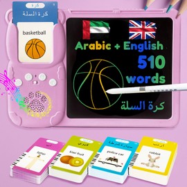 MoLingvora Drawing Tablet with Bilingual Flashcards for Kids - Arabic English Talking Flash Cards, LCD Writing Pad Board, Pocket Speech for Toddlers, Learning Toy Gift for Boys Girls (Arabic, Pink)