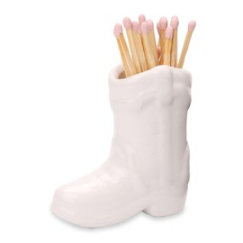 Cowboy Boot Match Holder, Ceramic Boot Match Holder with Striker Cowboy Boot Decor Accessory for Home Bedroom Bathroom Kitchen (Bright White)