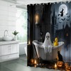 Halloween Shower Curtain,Whimsical Ghost in Bathtub with Black Cat Pumpkin
