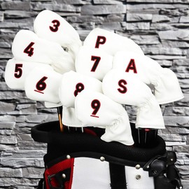 Men's Golf Headcovers Iron Club Set for Left and Right Hands, 10 Pieces (3-9,P,A,S) Red Double Sided Number Embroidery, White, Synthetic Leather, PU Leather, Long Neck, Elastic Closure