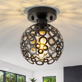 PAFEE Modern Black Metal Cage 7" 1-Light Semi Flush Mount Ceiling Fixture with E26 Base - Ideal for Small Spaces, Hallway, Porch, Bedroom, Kitchen & Entryway Foyer