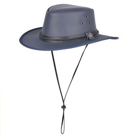 Premium Real Leather Unisex Classic Style Cowboy Hat - Chinstrap Western Vintag, Mexican Austrailian, Sun Hat, Leather Cowhide Canyon Outback Braided Hat Navy