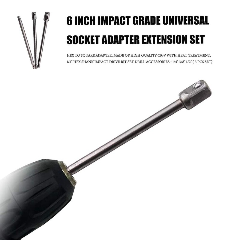 6” Impact Bit Socket Adapter Set, 3PCS -1/4”,3/8”,1/2” Head with