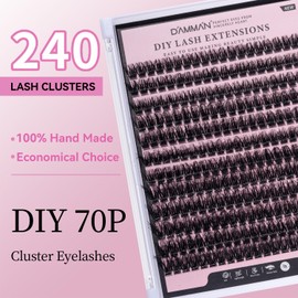 DAMMAN 70D DIY Lash Extension Kit 240 Clusters 0.07 10-16mm Fluffy Cluster Eyelash Extensions Kit 3D Effect Lashes with Bond and Seal and Lash Tweezers