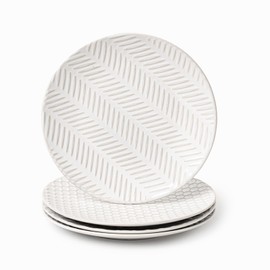 FOBENTA Dinner Plates Set of 4,Lena Porcelain Plates for 4,Embossment Round Ceramic Dish Set,4 Piece Microwave Safe Stoneware Kitchen Dishes,Housewarming Gift