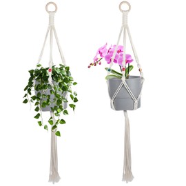 Tweruna 2 PCS Macrame Plant Hangers Indoor, 30 Inch Indoor Outdoor Hanging Planter with Decorative Wood Beads & Tassels, Handmade Boho Home Decor, Milky White (Pots Not Included)