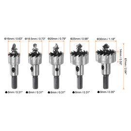 sourcing map 5pcs Hole Saw Kits 16mm 18.5mm 20mm 25mm 30mm High Speed Steel (HSS) Drill Bits Set Cutters for Stainless Steel Aluminum Alloy Plastic