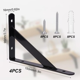 Pack of 4 Shelf Brackets, Black Metal, Heavy Duty Support Angle, Shelf Brackets Steel Solid Shelf Brackets for Wall Mounting, Solid Steel, One Piece Moulded, Wall Bracket with Cross Brace for