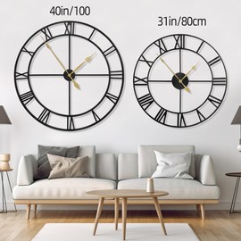 LEIKE 40 Inch Extra Large Modern Wall Clock Oversize Rustic Round Nearly Silent Non Ticking Battery Operated Black Metal Roman Numerals Wall Clocks for Living Room, Bedroom, Entrance Home Decor
