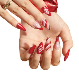 New Year Press on Nails Medium Almond Gel Glossy Glue Stick on Nails, Red French White Snowflake Glitter Line Nail Decorations Winter Acrylic Fake Nails Super Fit Nails Kits, 24 Pcs