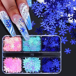 Blue Snowflakes Nail Glitter Sequin for Nail Art Decorations, Christmas Shiny Sequins,Xmas Nail Sticker Decal,DIY Snowflake Nail Design Winter Decoration Accessories, 3D Luxury Nail Supplies 6 Grids