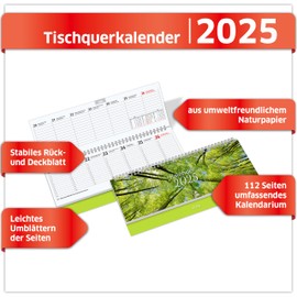 PRIMUS PRINT Desk Calendar 2025 Landscape Weekly Calendar - 112 Pages Appointment Calendar and Annual Calendar - 297 x 130 mm, 75 g Natural Paper, Wire Comb Binding, Holidays and School Holidays -