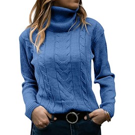 GeGekoko Womens Turtleneck Sweaters Cable Knit Long Sleeve Tops Pullover Soft Jumper Blue
