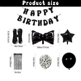Neyeidru 23pcs Black Bow Birthday Decorations Happy Birthday Banner 18pcs Balloons 2 Bow Balloons 2 Metallic Tinsel Foil Fringe Curtains for Boys Men Girls Women Party Decorations