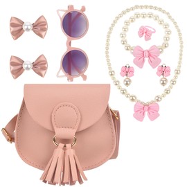QZUnique Girls Tassel Pendant Crossbody Purse Set, Cute Princess Handbags with Jewelry Set Hair Clip Sunglass, Pu Coin Purse Mini Toddlers Wallet Small Satchel Prtend Play Jewelry for Kids, 7 Pack