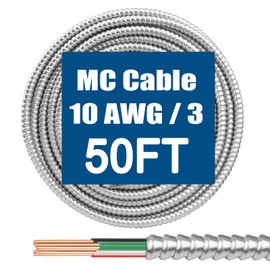 MOOKEERF 10/3 MC Cable with Ground - 50FT Pure Copper 10AWG/3 Metal Clad Wire with Aluminum Armor 10 Gauge 3 Conductor Type MC Alum Cable