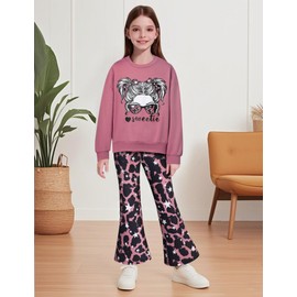 Jrbybazy Girls Clothes Outfits Crewneck Cute Print Sweatshirt Top and Leopard Stars Flared Pants, Pink, 6-7 Years