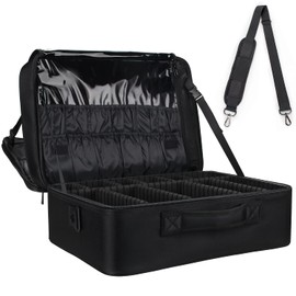 MONSITNA Extra Large Makeup Case 16.3 Inch Super Large Capacity Travel Makeup Train Case Professional Makeup Artist Case Nail Polish Organizer Storage Box with Two Adjustable Shoulder Strap (Black)