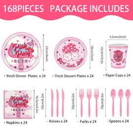 168Pcs Pink Pony Club Disposable Tableware Set Include Pink Paper Plates, Cups, Napkins, Forks, Knives, Spoons - Disco Cowgirl & Bachelorette Party Decorations, Serve 24