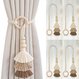 4 Pack Wooden Bead Curtain Tiebacks, Bohemian Curtain Clasp, Tassel Curtain Clasp, Wood Bead Curtain Holdbacks No Drill with Wooden Ring for Home and Office Window Drapery (Khaki)