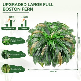 49” Artificial Ferns for Outdoors Planter, 128 Leaves per Fern, Set of 2, Large Lush Fake Boston Ferns Hanging Plants, UV Resistant Faux Greenery for Porch Patio Garden Home Decor Indoor Outdoor
