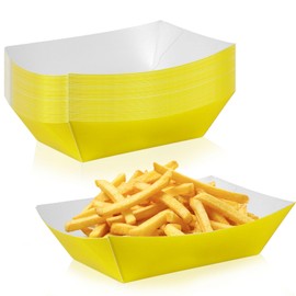 24 bandejas de papel amarillo resistentes desechables para barcos de comida y nacho, bandejas desechables para servir aperitivos para catering, suministros de fiesta de cumpleaños y servicio de