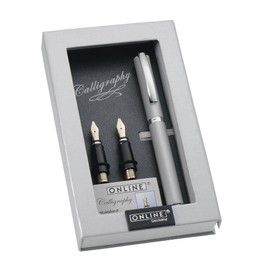 ONLINE 36645 Kalligrafie-Set Vision Silver, Füller mit 3 Kalligraphie-Federn Breite 0.8, 1.4,,1.8 mm, inklusive inklusive Calligraphy-Tintenpatronen, in edler Geschenk-Box, Schönschreib-Füller Silber