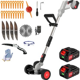Electric Weed Wacker Cordless Eater Battery Powered Eater Lightweight Edger Portable Stringless Grass Trimmer/Lawn Mower/Brush Cutter, with 3 Types Blades & Wheels for Yard and Garden-Gray