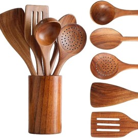 chanseens 6 Piece Wooden Cooking Spoons – Wooden Cooking Utensils Set with Stand and Spoon Rest, Teak Non-Stick Kitchen Cookware