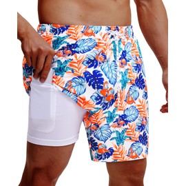 Gleeease Mens Swim Trunks 7 Inch with Compression Liner 2 in 1 Swim Shorts Stretch Quick Dry Bathing Suits with Pockets White Flamingo