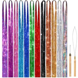 HIDOSNG Fairy Hair Tinsel Kit, Hair Tinsel Strands Kit With Tools, 12 Colors 2400 Strands Sparkling Party Tinsel Hair Extensions Highlights Multi-Colors Synthetic Hair Streak Bling For Women Girls 90cm