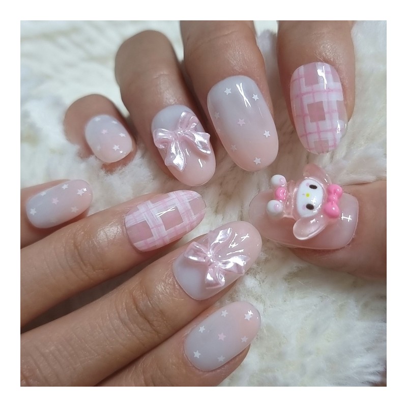 Pink Star Handmade Nail Tips - Short Ballerina / 핑크