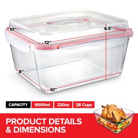 Stock Your Home 28 Cup Extra Large Rectangular Glass Food Storage Container with Lid, Modern Style, Airtight, Leak Proof, Microwave, Oven, Dishwasher, Freezer Safe, 12.5"L x 10"W x 6.5"H