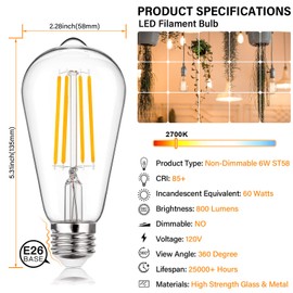 MAXvolador Vintage LED Edison Bulb 60W Equivalent 800LM, 6W ST58 Filament Light Bulbs, Warm White 2700K, E26 Base, Non-Dimmable, Pack of 12