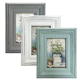 EXQUIDECA Chic Vintage 3.5x5 Inches Wooden Picture Frame Pack of 3 Farmhouse Aqua Grey White - Rustic Thick Wood High Definition Glass Photo Frame Outside 6.1x7.7 Inches