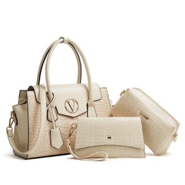 3pcs Handbags for Women Designer Tote Shoulder Bag Wallet Set Top Handle Satchel Purse (White)