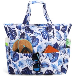 LEDAOU Large Beach Tote Bag Women Waterproof Sandproof Zipper for Pool Gym Grocery Travel with Wet Pocket (Flowers)
